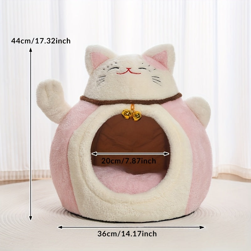 Winter Plush Calming Cat Bed | Hooded Cave Design, Lucky Maneki-neko Pattern