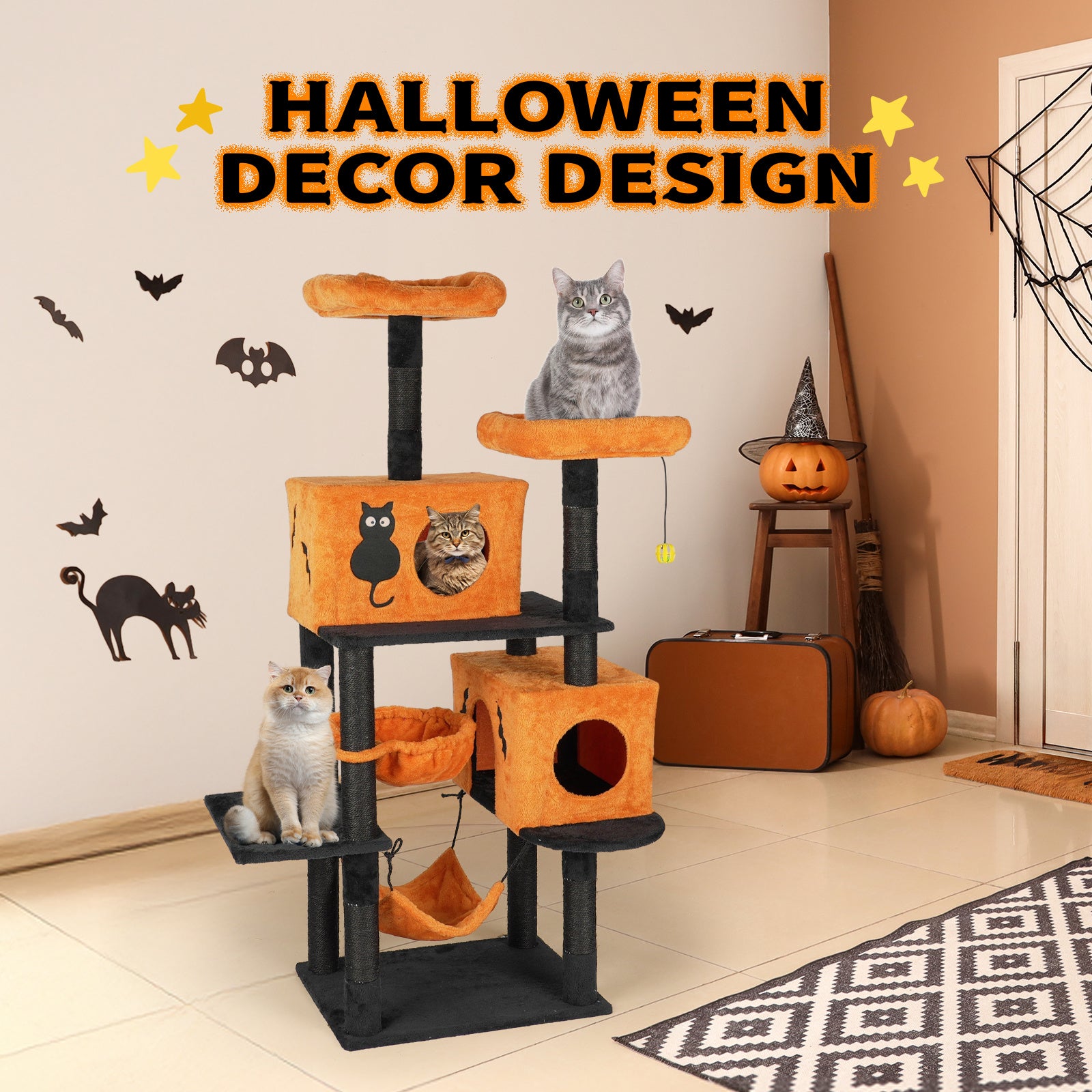 Cat Tree Halloween Themed Decorations- Orange & Black Multi-Level Cat Tower with Sisal Scratching Posts