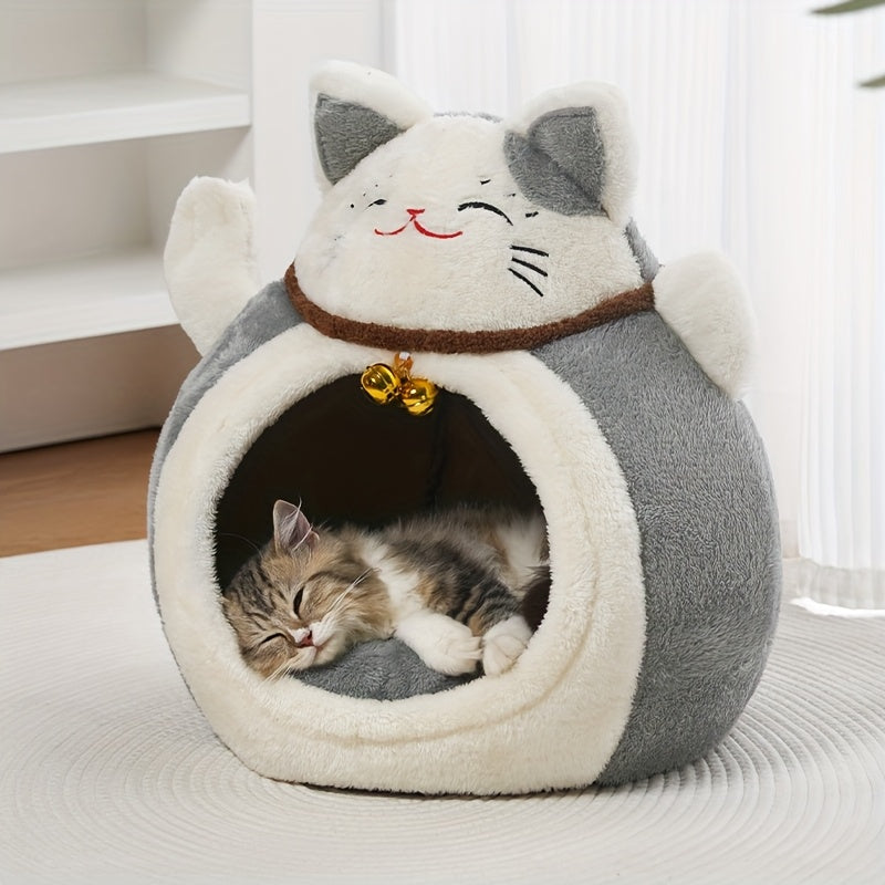 Winter Plush Calming Cat Bed | Hooded Cave Design, Lucky Maneki-neko Pattern