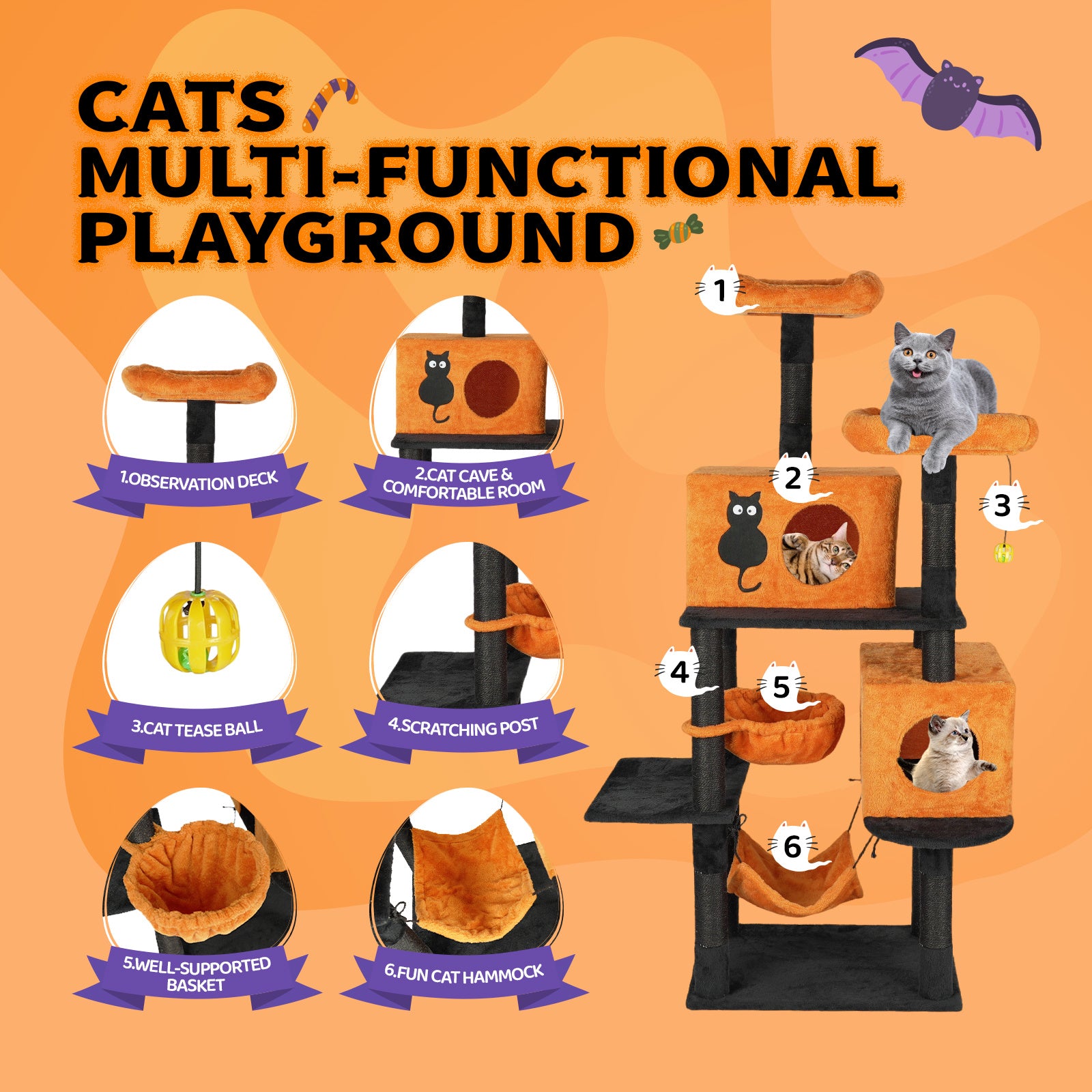 Cat Tree Halloween Themed Decorations- Orange & Black Multi-Level Cat Tower with Sisal Scratching Posts