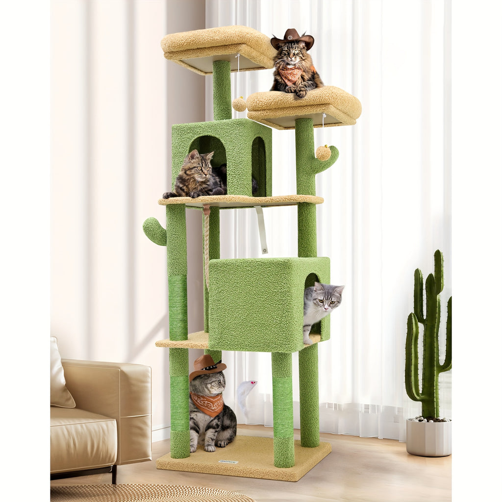 Multi-Level Cactus Cat Tree for Indoor Cats - 61.8-inch Tall Cat Climbing Tower with Dual Condos