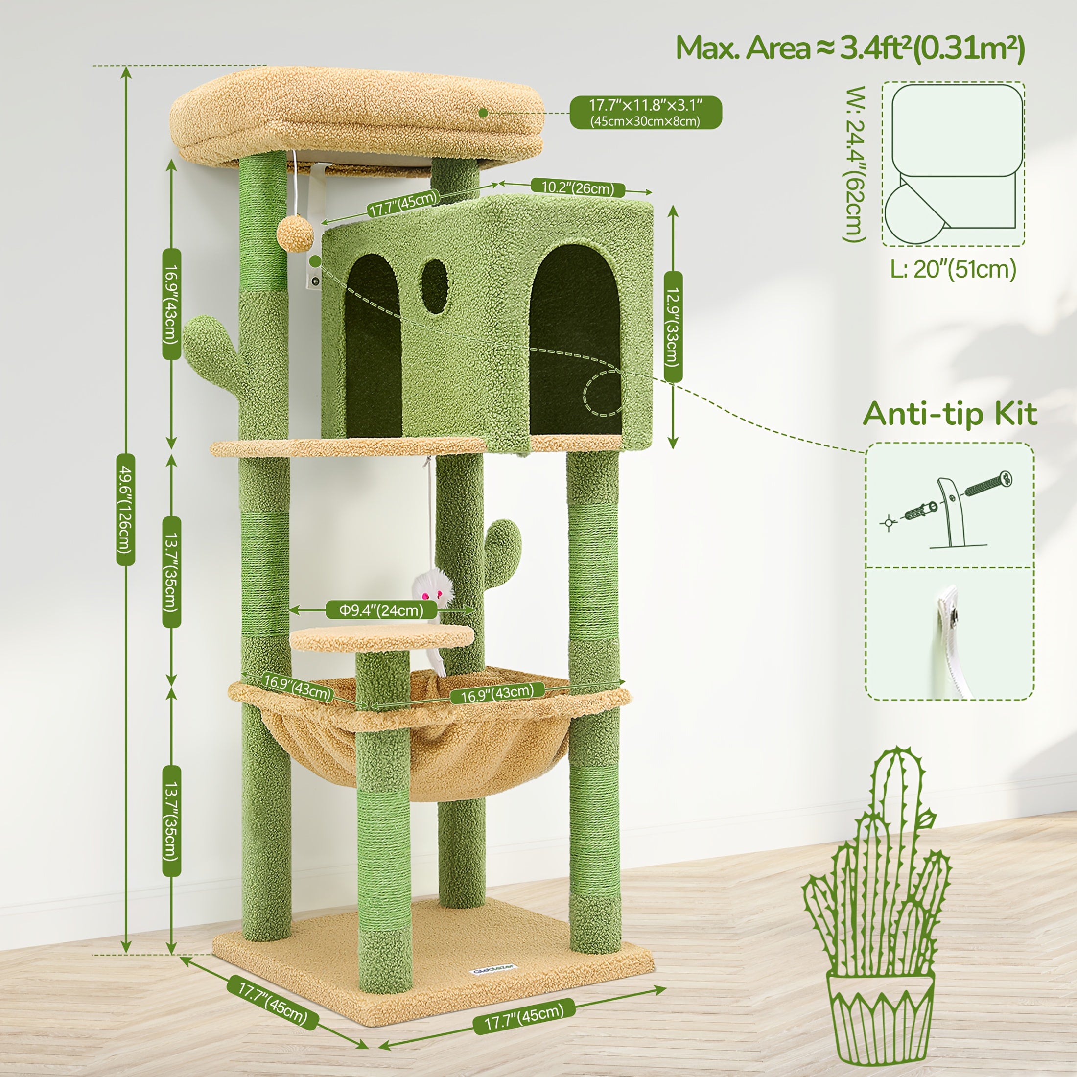 Multi-Level Cactus Cat Tree for Indoor Cats - 61.8-inch Tall Cat Climbing Tower with Dual Condos