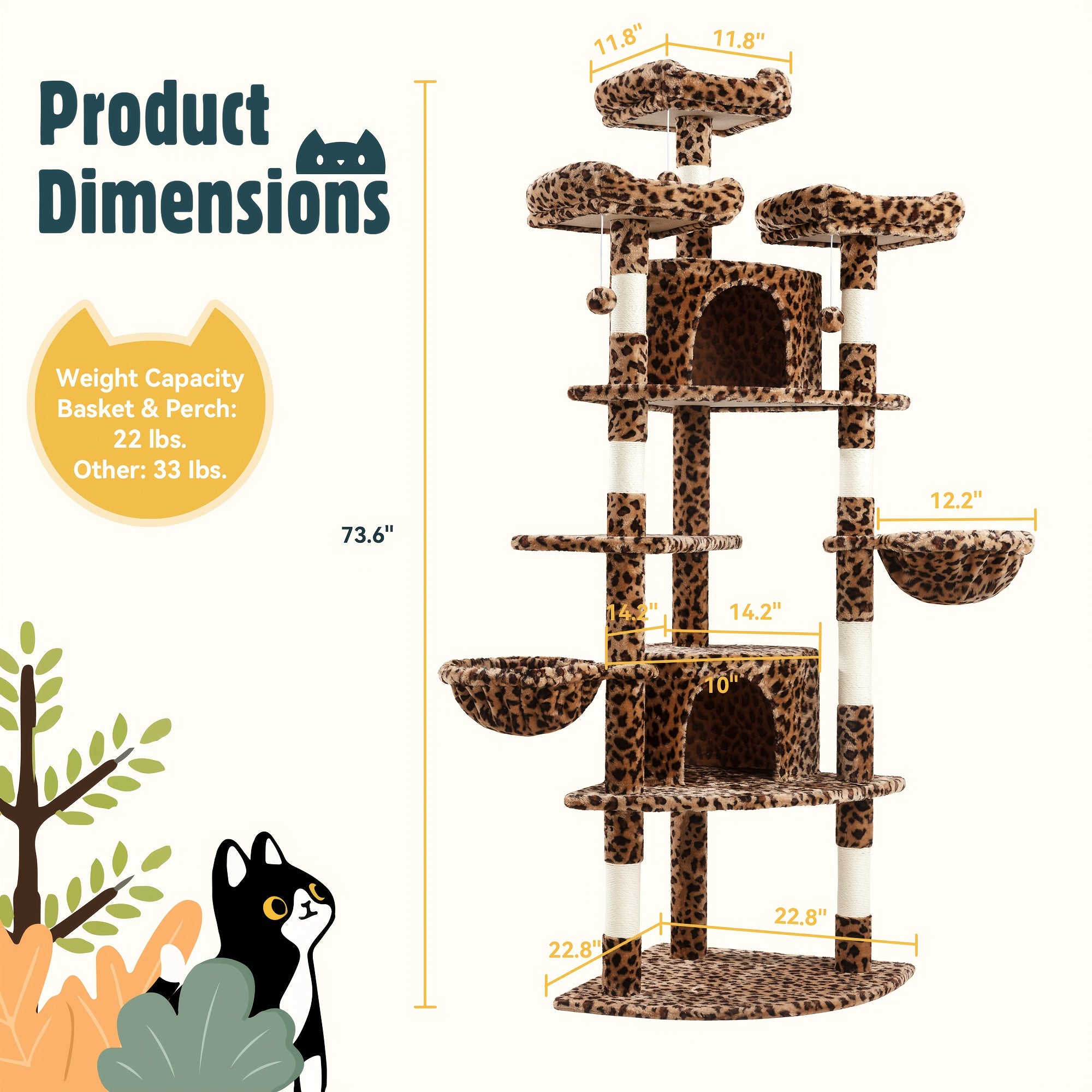 HOOMIC 73in Fan-Shaped Cat Tree Tower for Indoor Cats - Multi-Level Activity Center with Cozy Plush Perches