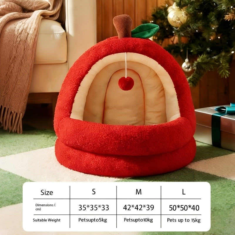 Apple-shaped Enclosed Cat Bed | Winter Warm Thickened Cat Villa with Soft Mat