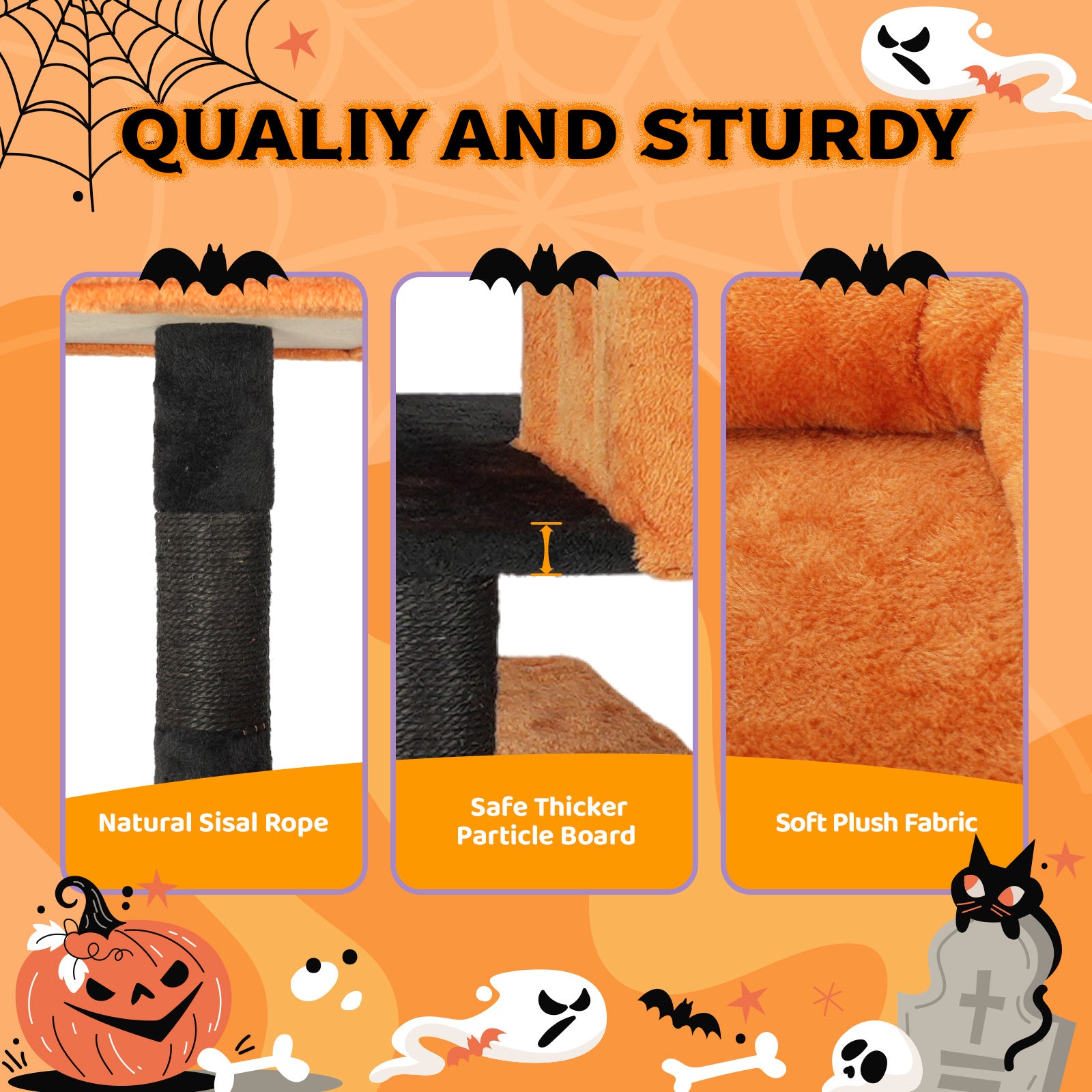 Cat Tree Halloween Themed Decorations- Orange & Black Multi-Level Cat Tower with Sisal Scratching Posts