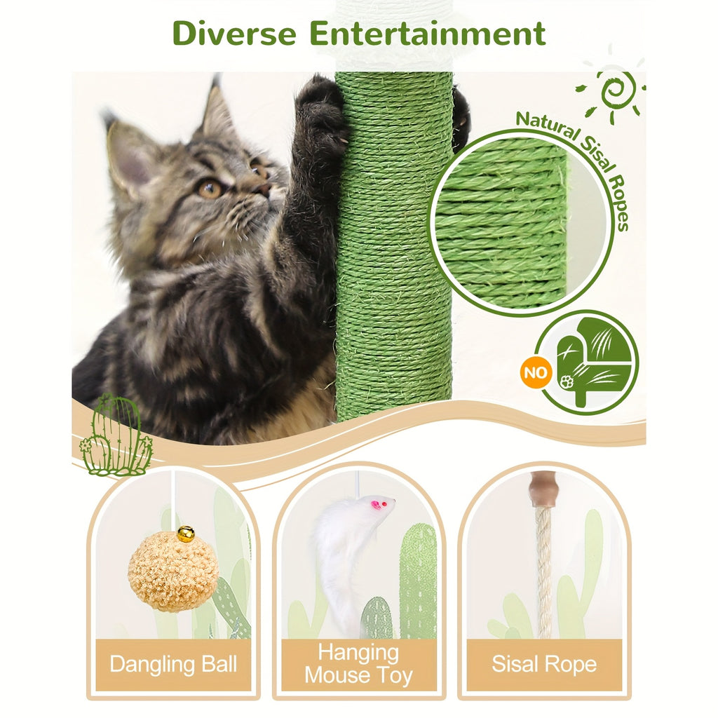Multi-Level Cactus Cat Tree for Indoor Cats - 61.8-inch Tall Cat Climbing Tower with Dual Condos