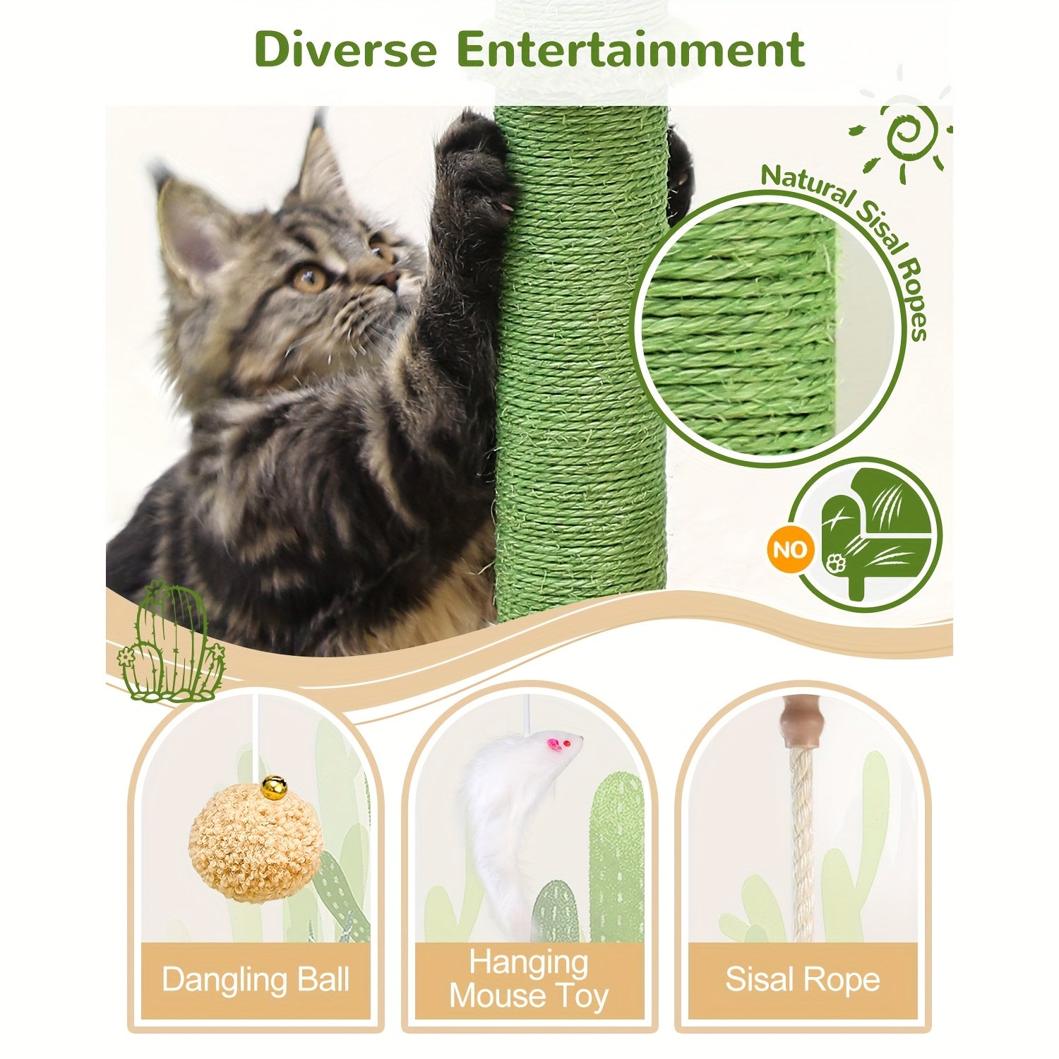 Multi-Level Cactus Cat Tree for Indoor Cats - 61.8-inch Tall Cat Climbing Tower with Dual Condos