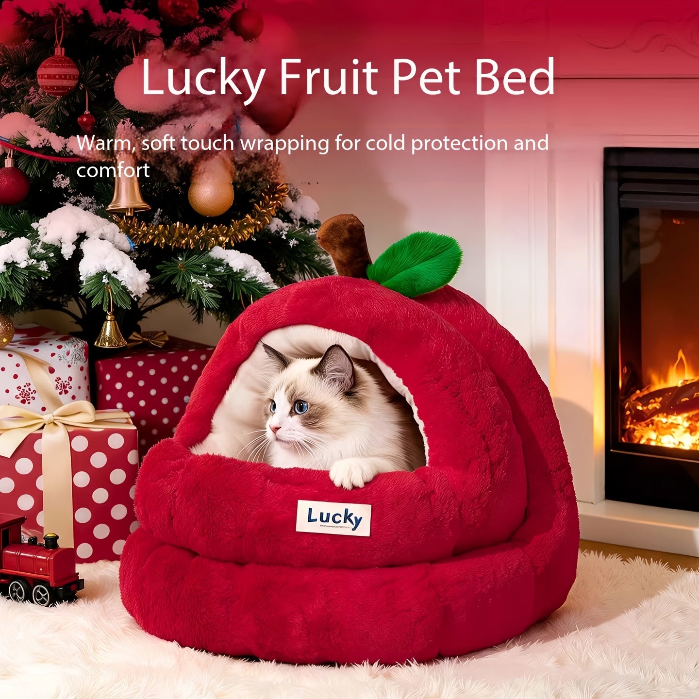 Apple-shaped Enclosed Cat Bed | Winter Warm Thickened Cat Villa with Soft Mat