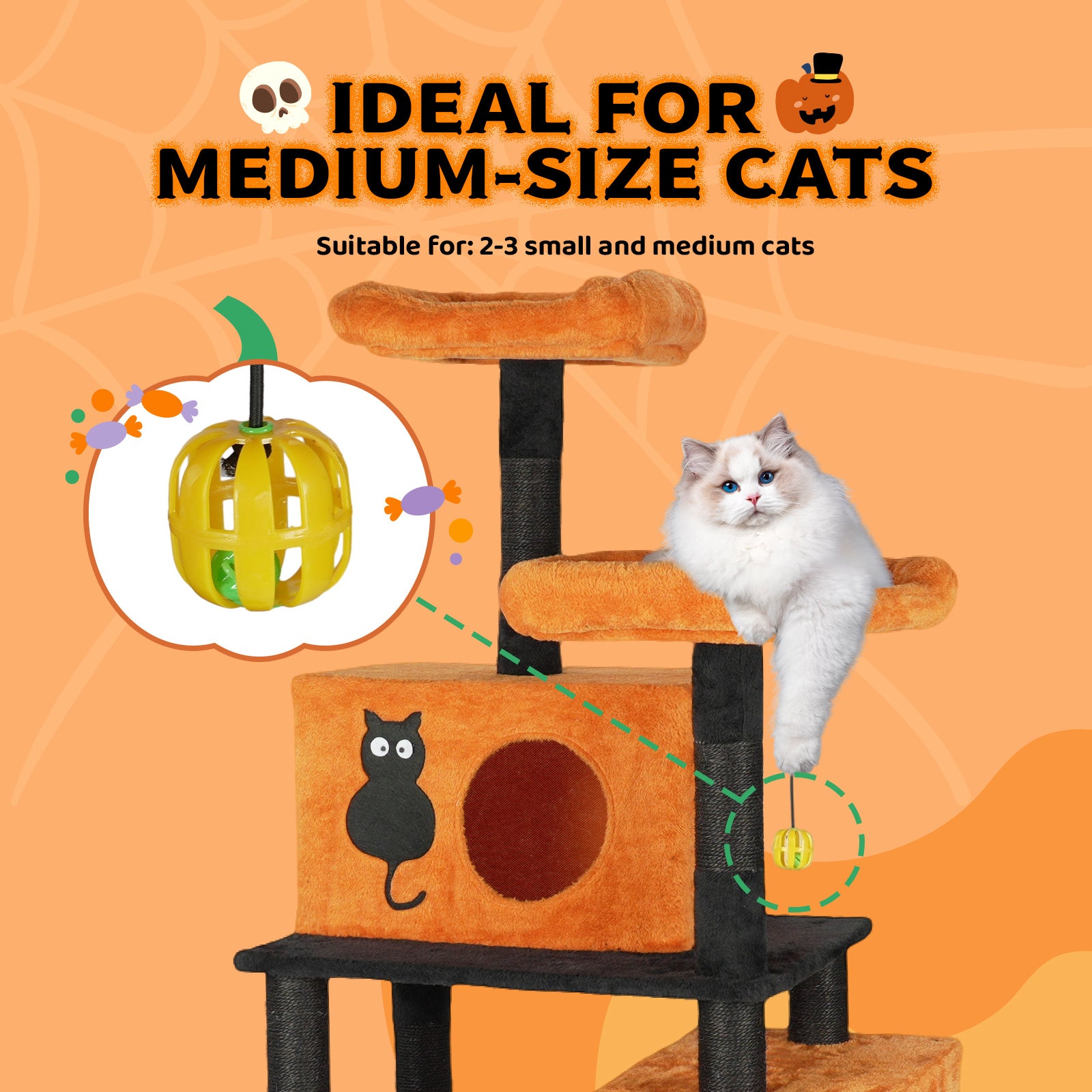 Cat Tree Halloween Themed Decorations- Orange & Black Multi-Level Cat Tower with Sisal Scratching Posts