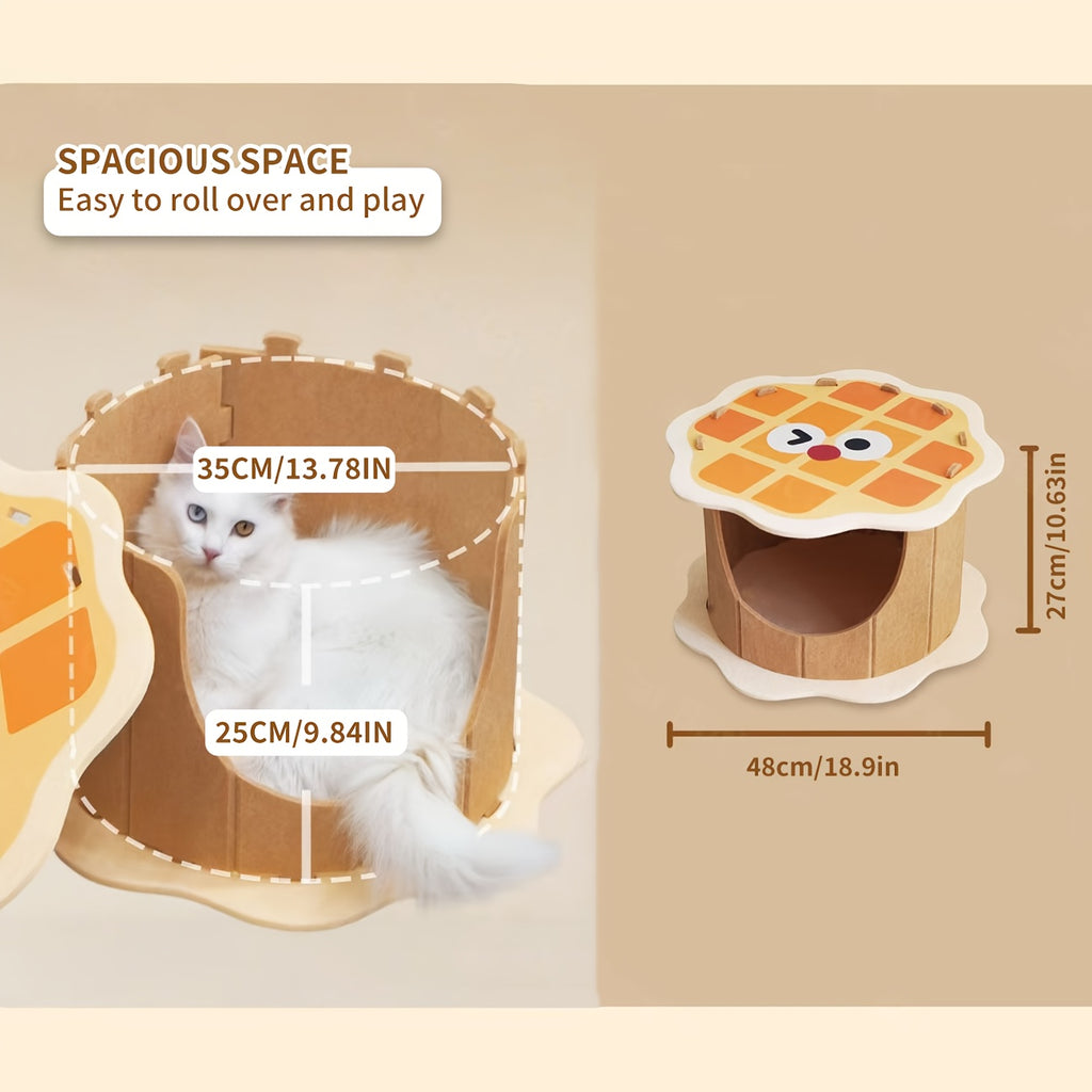 Waffle House Tunnel Hideaway Box, Durable Non-Shedding Felt Cat Bed with Semi-Enclosed Design for Security