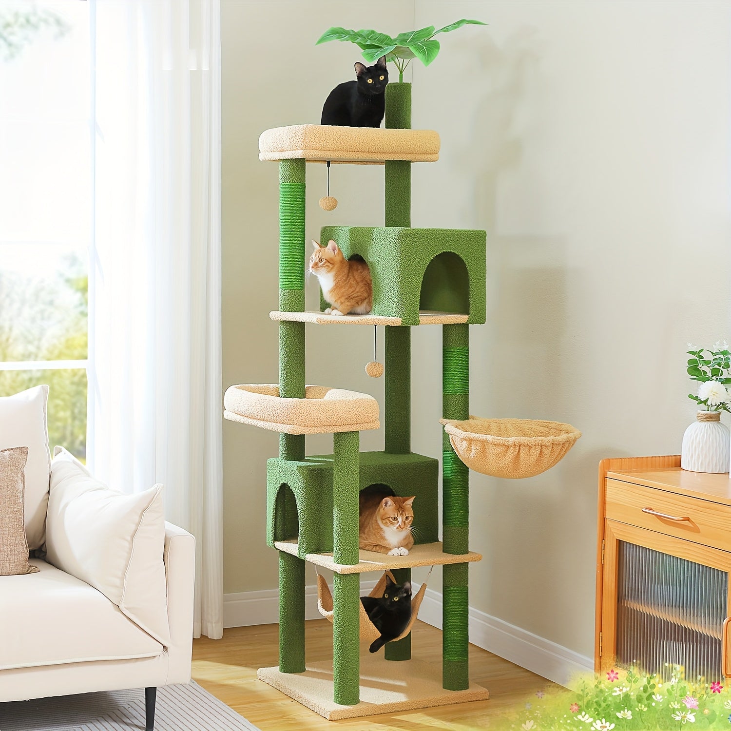 74.8in Large Cat Tree Tower with Hammock & Basket for Indoor Cat- Multi-Level Cat Condo