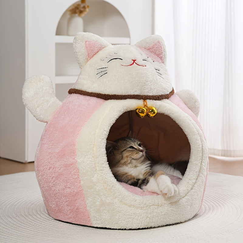 Winter Plush Calming Cat Bed | Hooded Cave Design, Lucky Maneki-neko Pattern