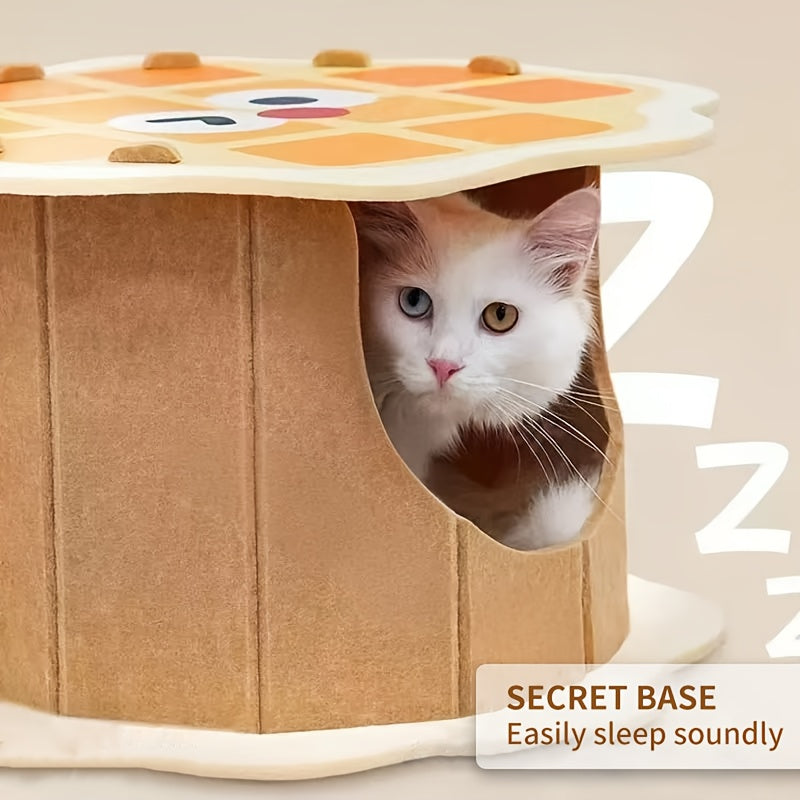 Waffle House Tunnel Hideaway Box, Durable Non-Shedding Felt Cat Bed with Semi-Enclosed Design for Security
