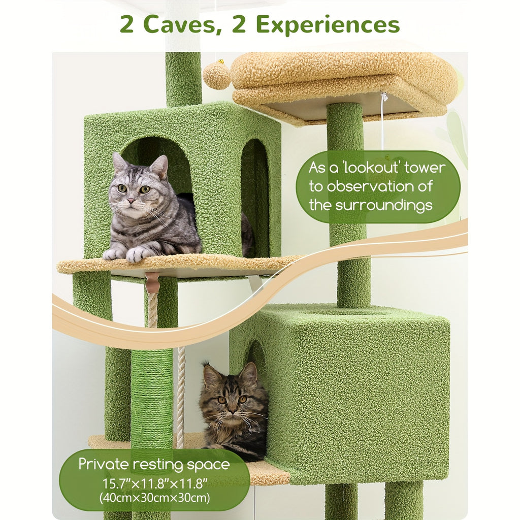 Multi-Level Cactus Cat Tree for Indoor Cats - 61.8-inch Tall Cat Climbing Tower with Dual Condos