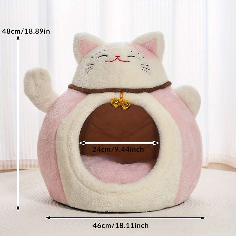 Winter Plush Calming Cat Bed | Hooded Cave Design, Lucky Maneki-neko Pattern