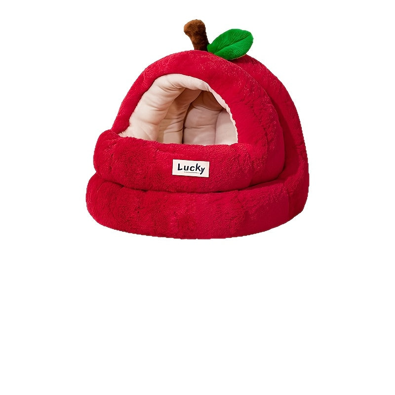 Apple-shaped Enclosed Cat Bed | Winter Warm Thickened Cat Villa with Soft Mat