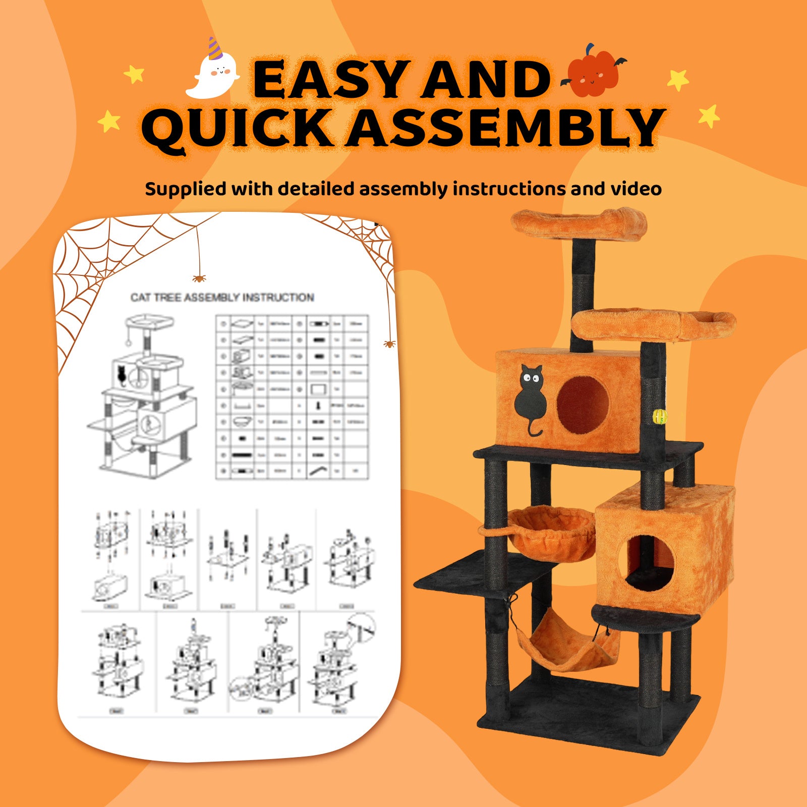 Cat Tree Halloween Themed Decorations- Orange & Black Multi-Level Cat Tower with Sisal Scratching Posts