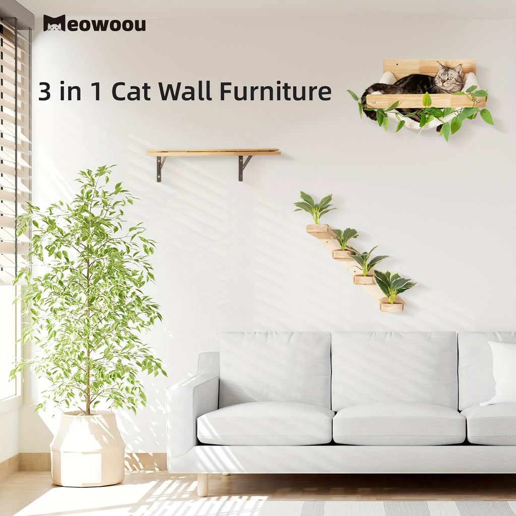 MEOWOOU 3 in 1 Cat Wall Furniture Set, 3 Pack Climbing Shelves Set, Cats Hammock