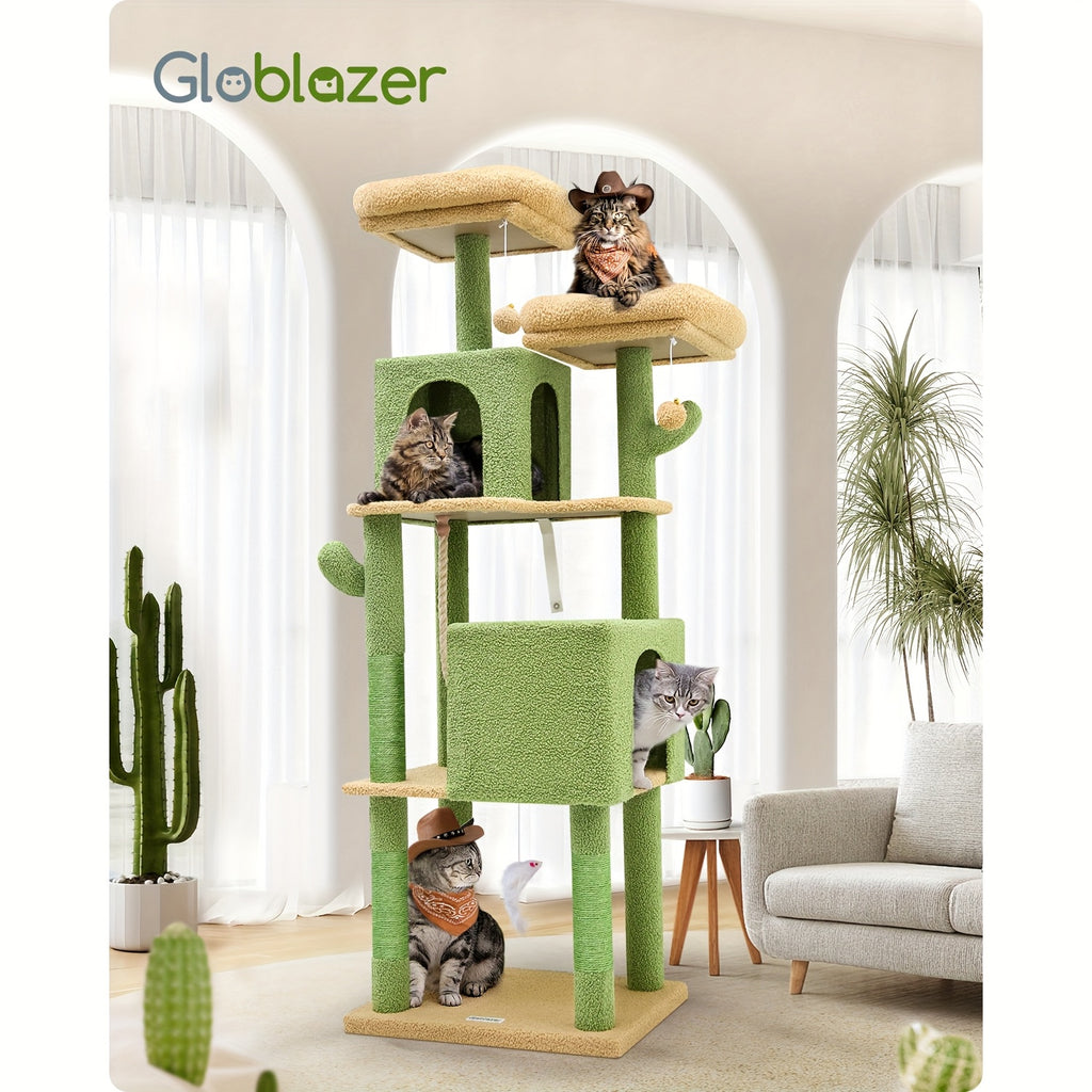Multi-Level Cactus Cat Tree for Indoor Cats - 61.8-inch Tall Cat Climbing Tower with Dual Condos