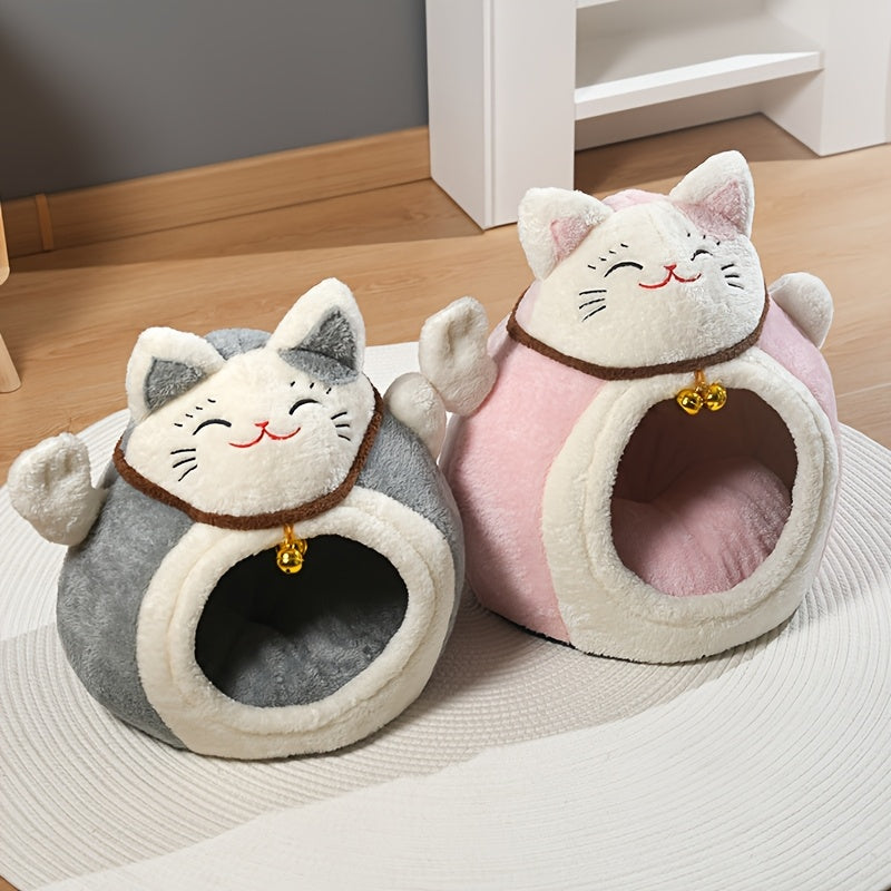 Winter Plush Calming Cat Bed | Hooded Cave Design, Lucky Maneki-neko Pattern