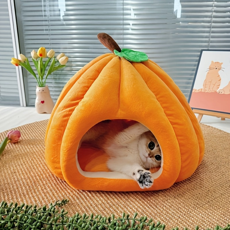 1pc Winter Cat Nest - Plush Pumpkin-Shaped Cat Bed with Removable