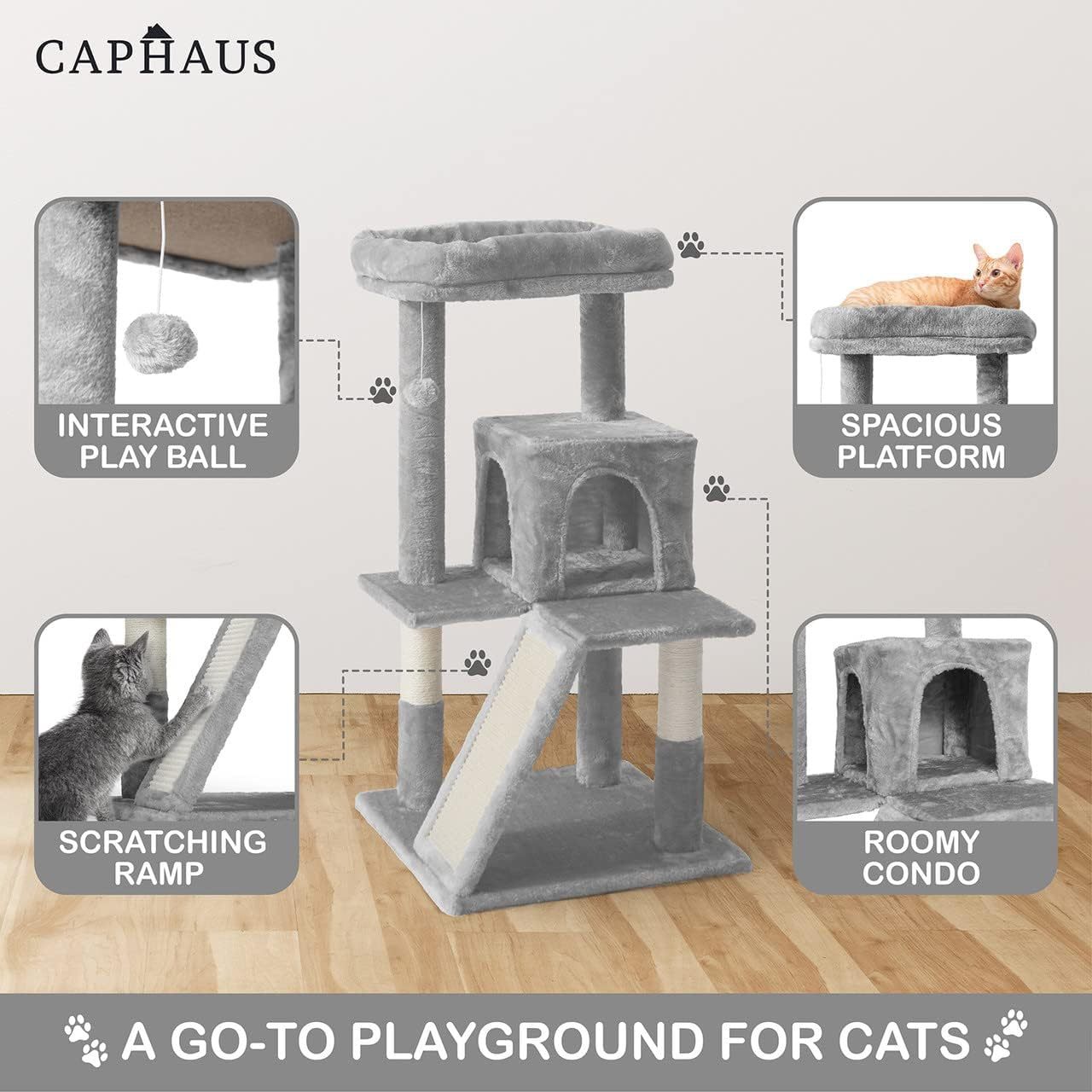 CAPHAUS 37 Inch Cat Tree for Indoor Large Cats or Kittens, Multi-Level Cat Activity Tree with Scratching Posts
