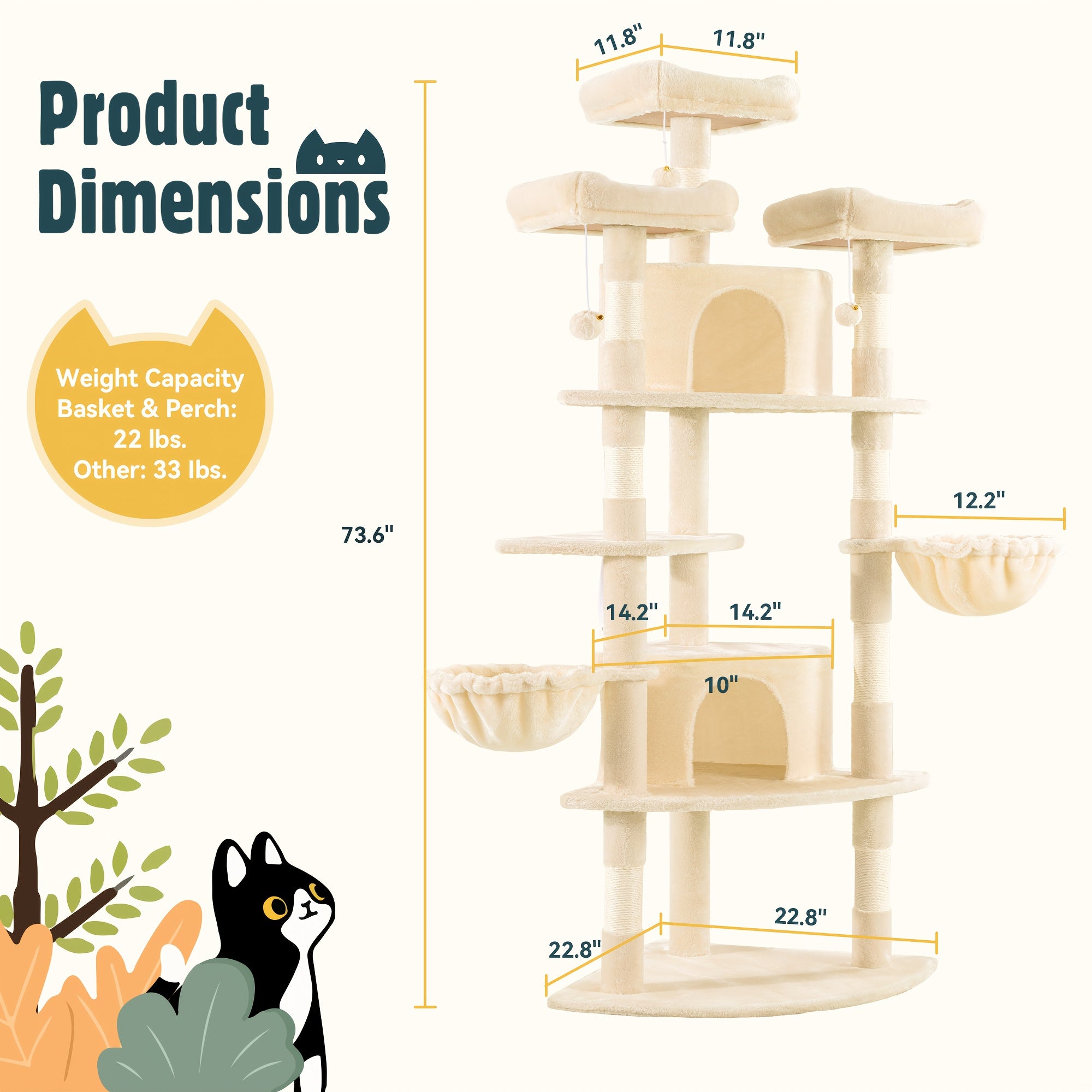 HOOMIC 73in Fan-Shaped Cat Tree Tower for Indoor Cats - Multi-Level Activity Center with Cozy Plush Perches