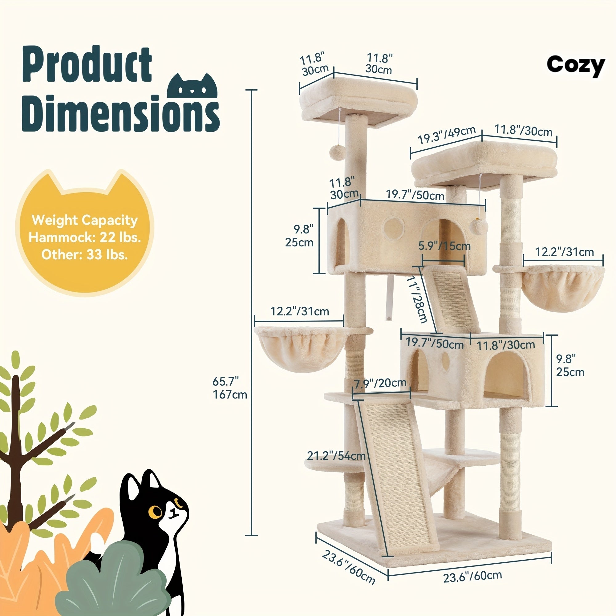 HOOMIC 65in Multi-Level Large Cat Tree Tower For Indoor Cats