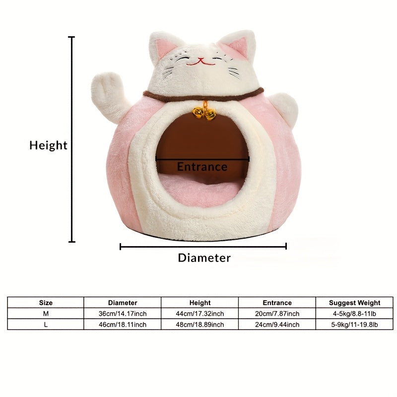 Winter Plush Calming Cat Bed | Hooded Cave Design, Lucky Maneki-neko Pattern