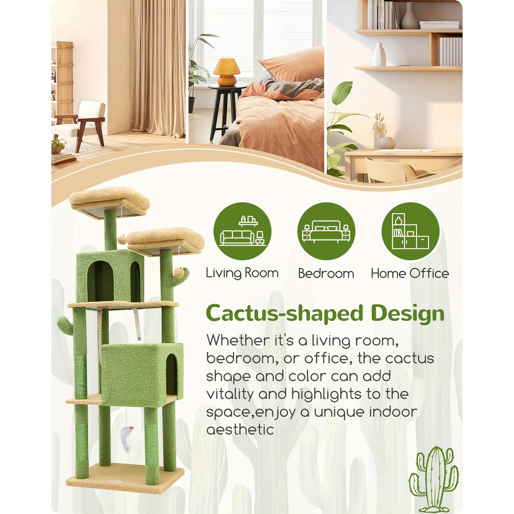 Multi-Level Cactus Cat Tree for Indoor Cats - 61.8-inch Tall Cat Climbing Tower with Dual Condos