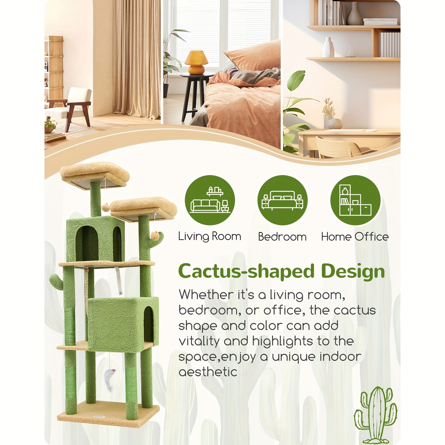 Multi-Level Cactus Cat Tree for Indoor Cats - 61.8-inch Tall Cat Climbing Tower with Dual Condos