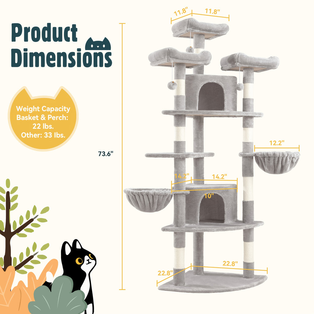 HOOMIC 73in Fan-Shaped Cat Tree Tower for Indoor Cats - Multi-Level Activity Center with Cozy Plush Perches