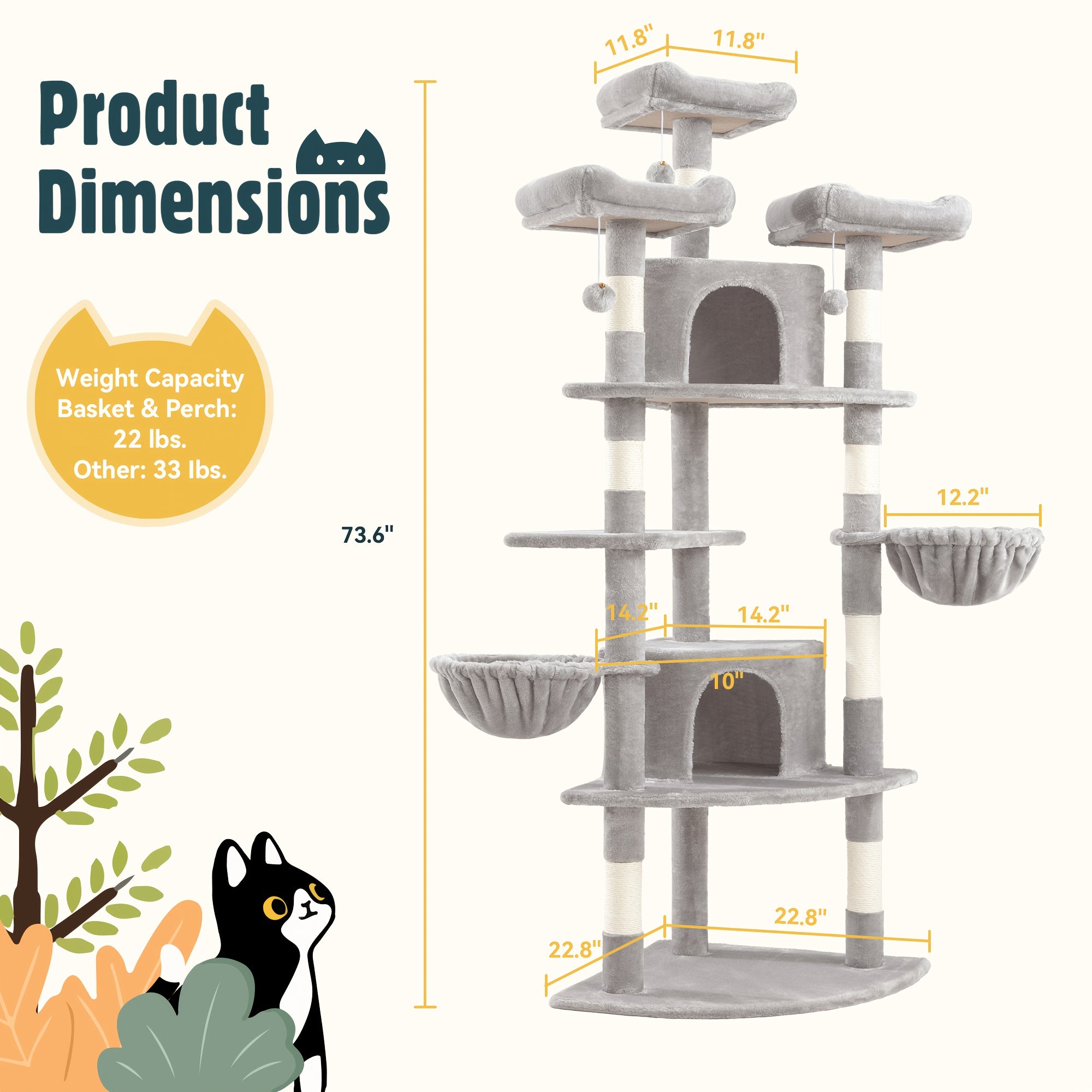 HOOMIC 73in Fan-Shaped Cat Tree Tower for Indoor Cats - Multi-Level Activity Center with Cozy Plush Perches