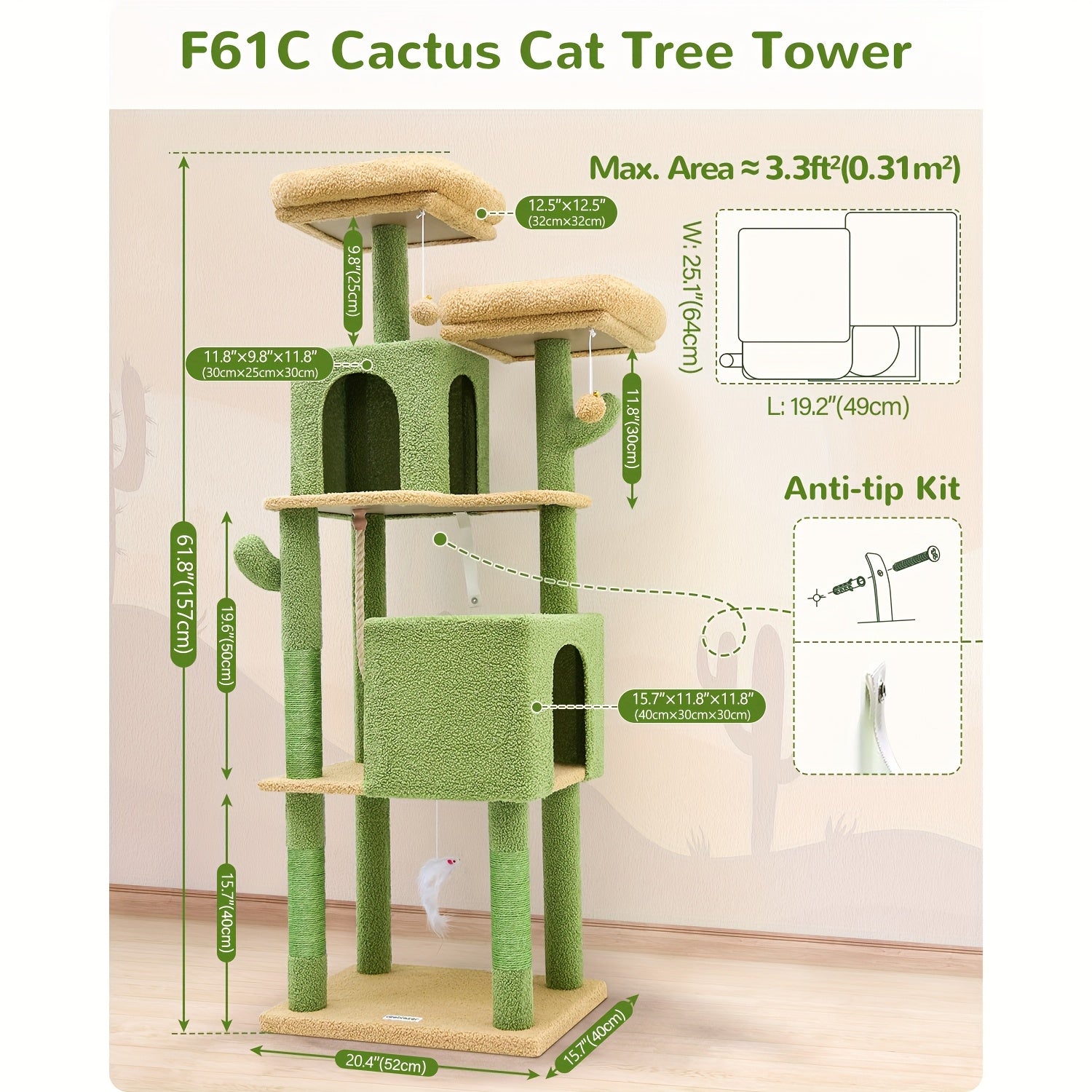 Multi-Level Cactus Cat Tree for Indoor Cats - 61.8-inch Tall Cat Climbing Tower with Dual Condos