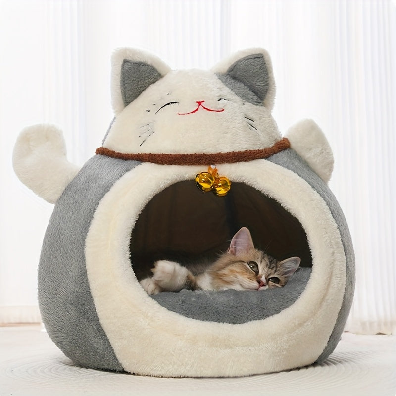 Winter Plush Calming Cat Bed | Hooded Cave Design, Lucky Maneki-neko Pattern