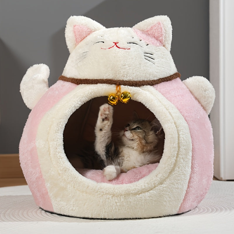 Winter Plush Calming Cat Bed | Hooded Cave Design, Lucky Maneki-neko Pattern