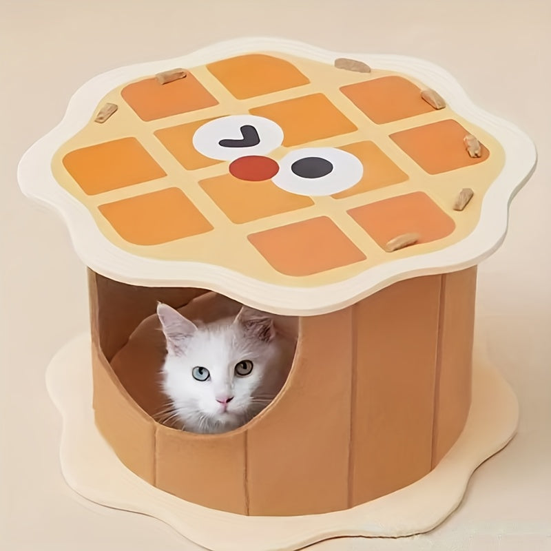 Waffle House Tunnel Hideaway Box, Durable Non-Shedding Felt Cat Bed with Semi-Enclosed Design for Security