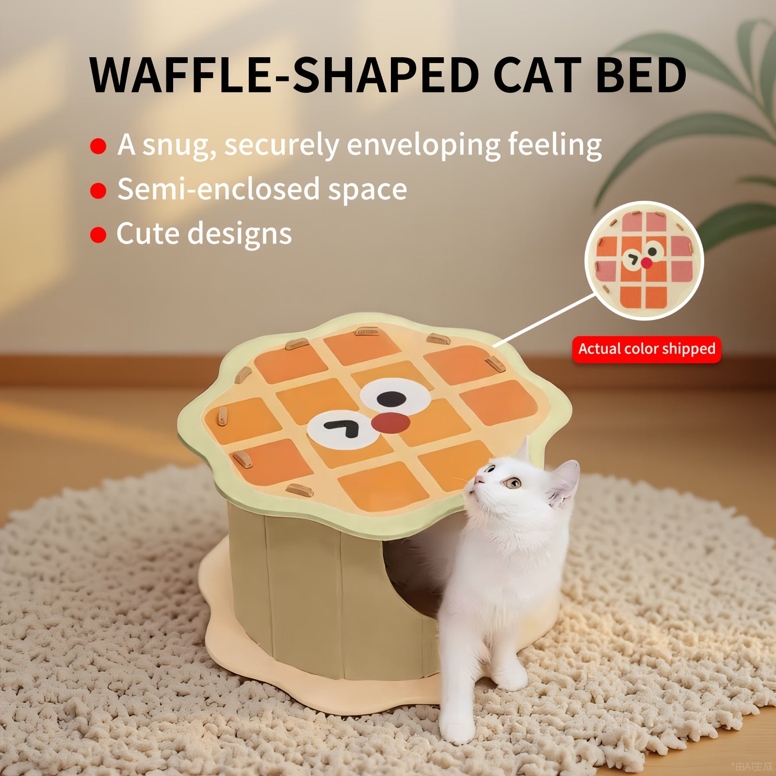 Waffle House Tunnel Hideaway Box, Durable Non-Shedding Felt Cat Bed with Semi-Enclosed Design for Security