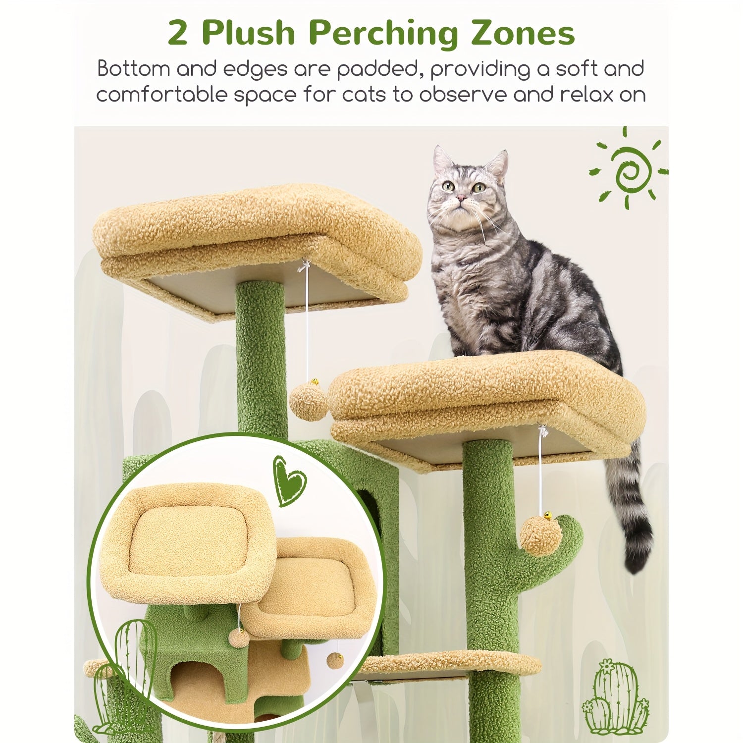 Multi-Level Cactus Cat Tree for Indoor Cats - 61.8-inch Tall Cat Climbing Tower with Dual Condos