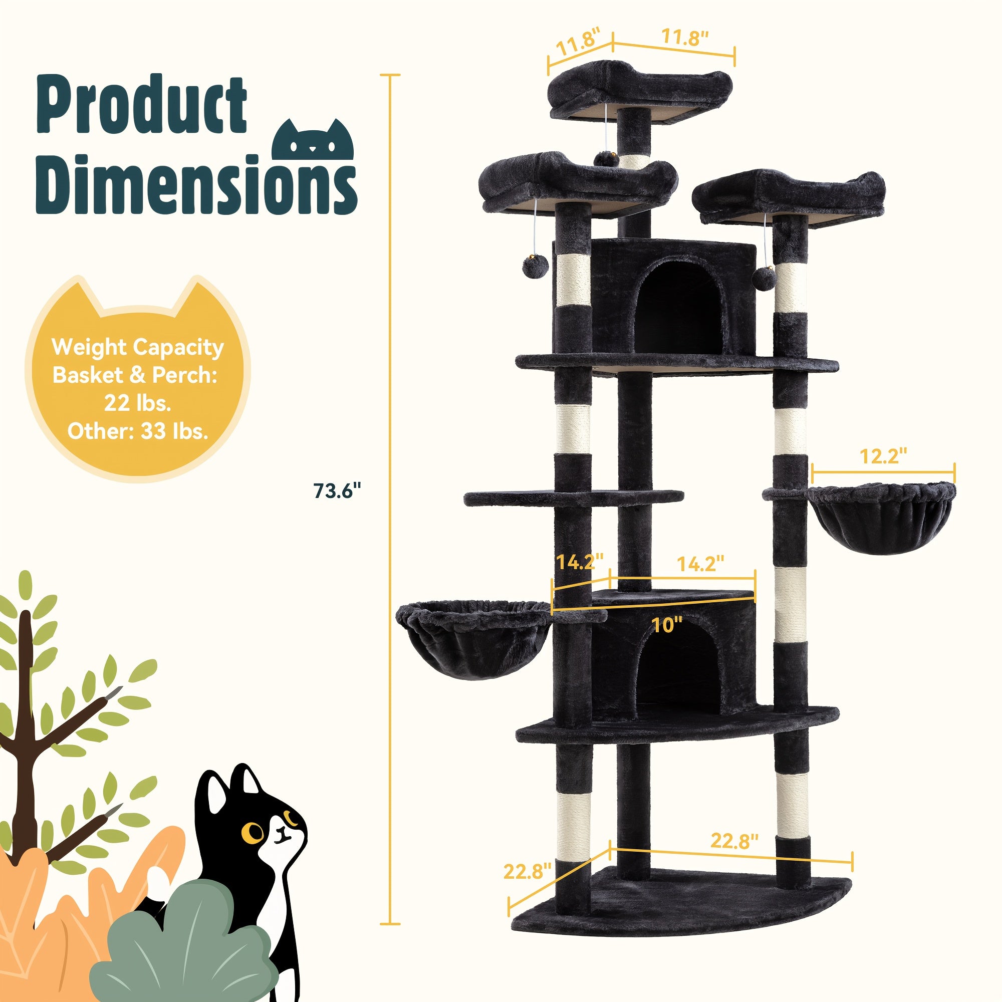 HOOMIC 73in Fan-Shaped Cat Tree Tower for Indoor Cats - Multi-Level Activity Center with Cozy Plush Perches