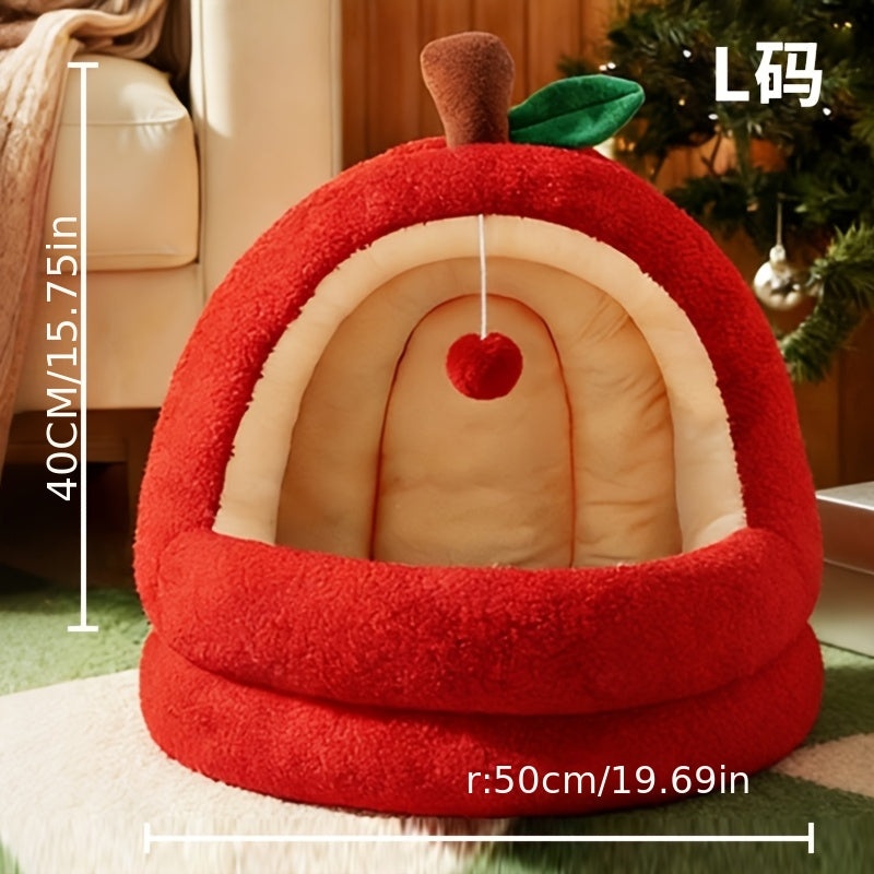 Apple-shaped Enclosed Cat Bed | Winter Warm Thickened Cat Villa with Soft Mat