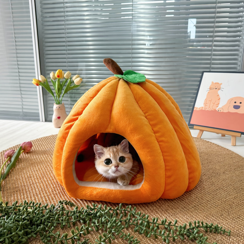 1pc Winter Cat Nest - Plush Pumpkin-Shaped Cat Bed with Removable