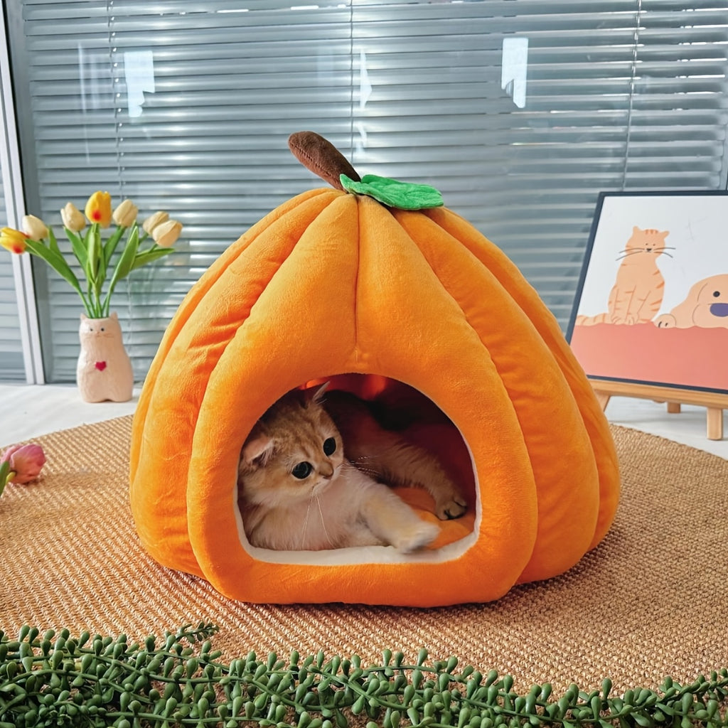 1pc Winter Cat Nest - Plush Pumpkin-Shaped Cat Bed with Removable