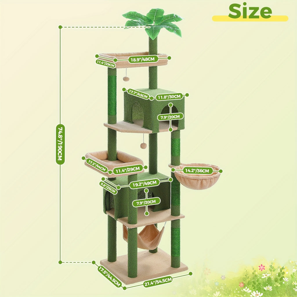 74.8in Large Cat Tree Tower with Hammock & Basket for Indoor Cat- Multi-Level Cat Condo
