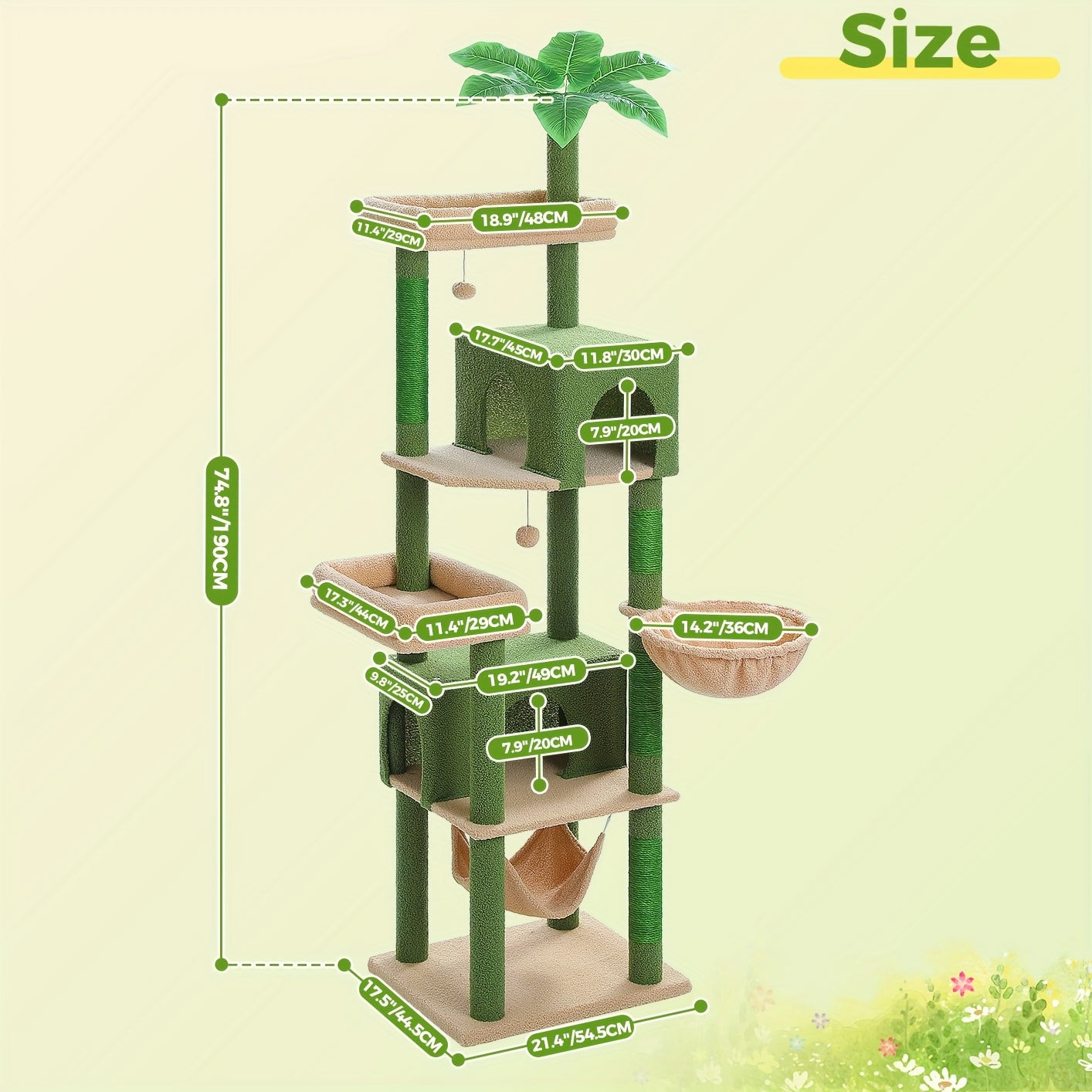 74.8in Large Cat Tree Tower with Hammock & Basket for Indoor Cat- Multi-Level Cat Condo